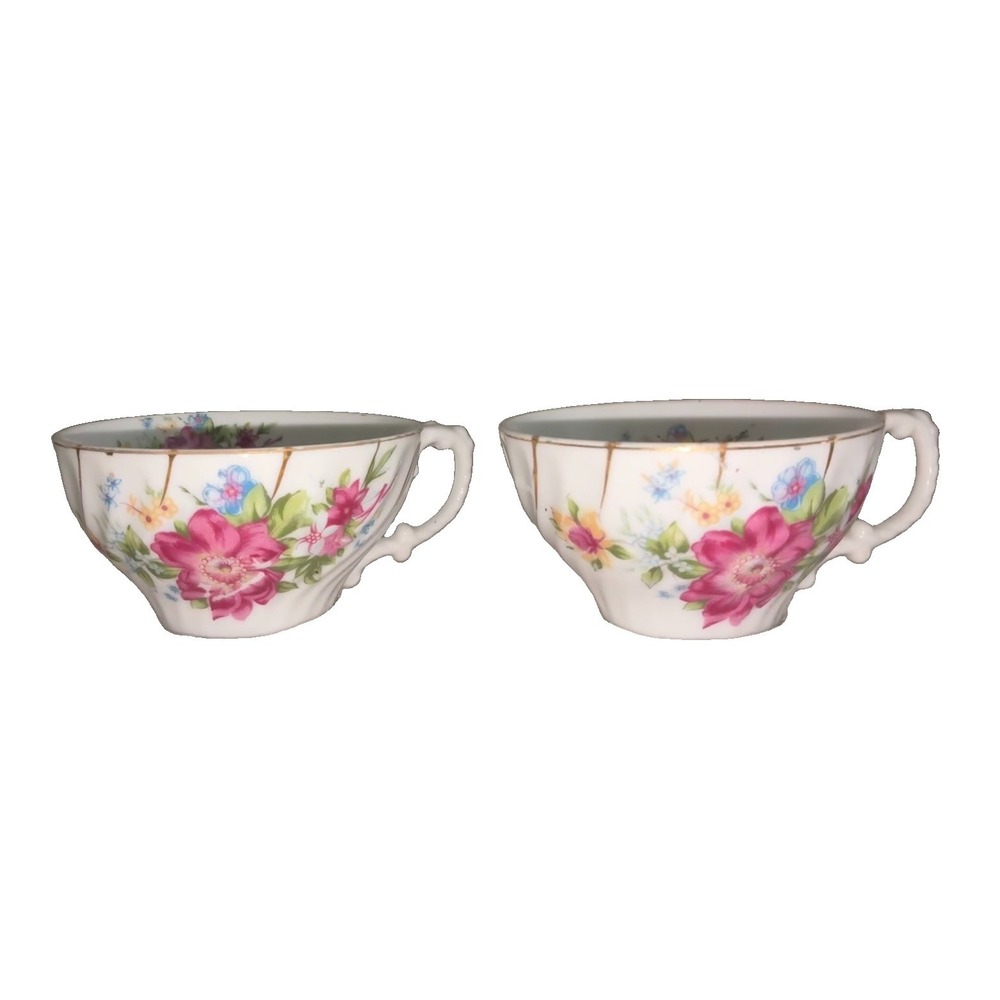 Vintage Porcelain Tea Cups Floral Swirl Gold Trim 2 Pc Unmarked Multicolor